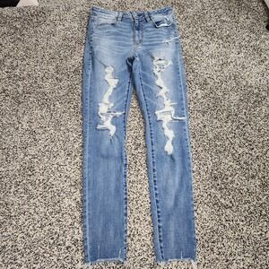 American Eagle Super Hi Rise Jegging Lightwash Destressed Raw Hem Women Sz 8 Reg